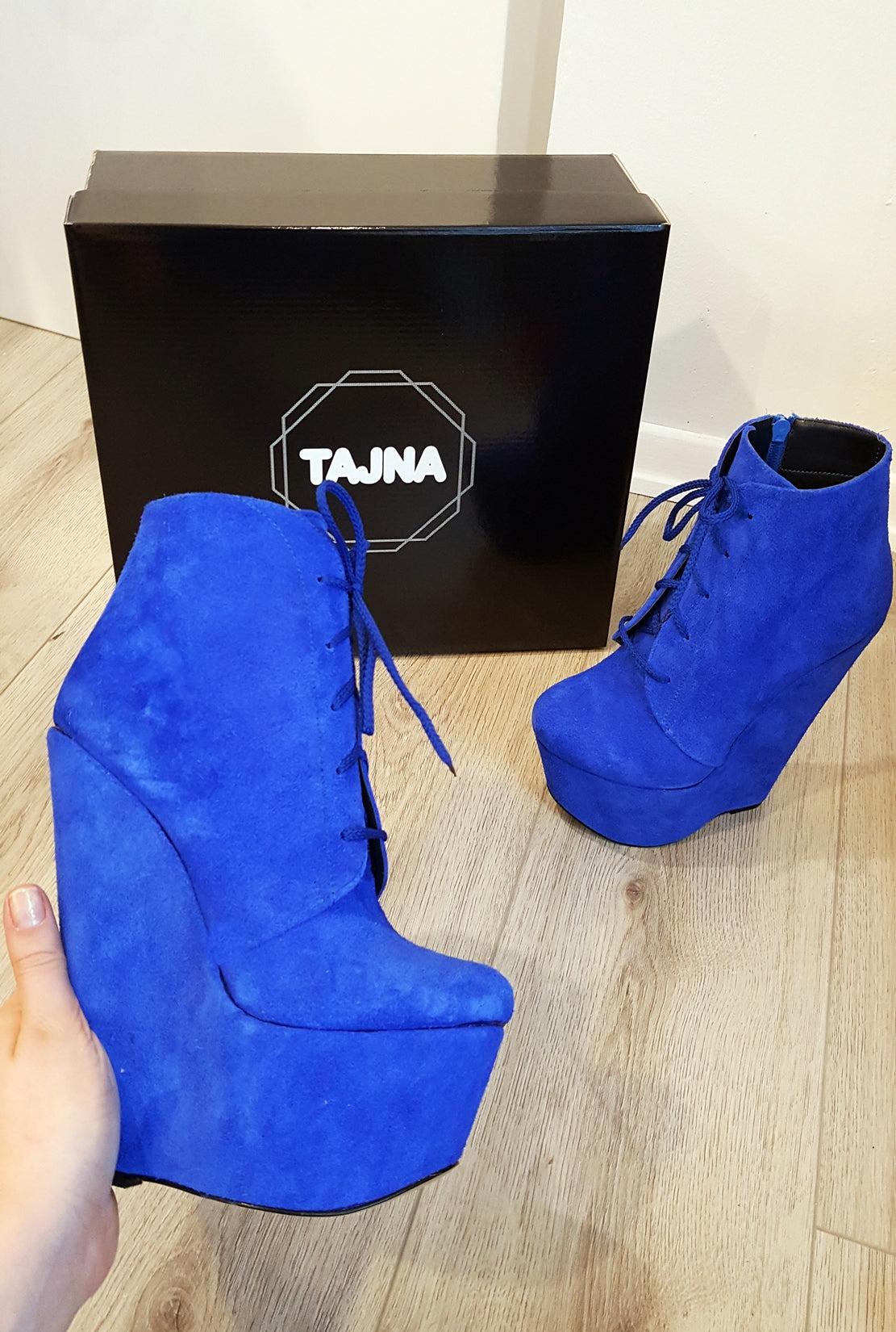 Parlament blue wedge ankle booties with lace-up