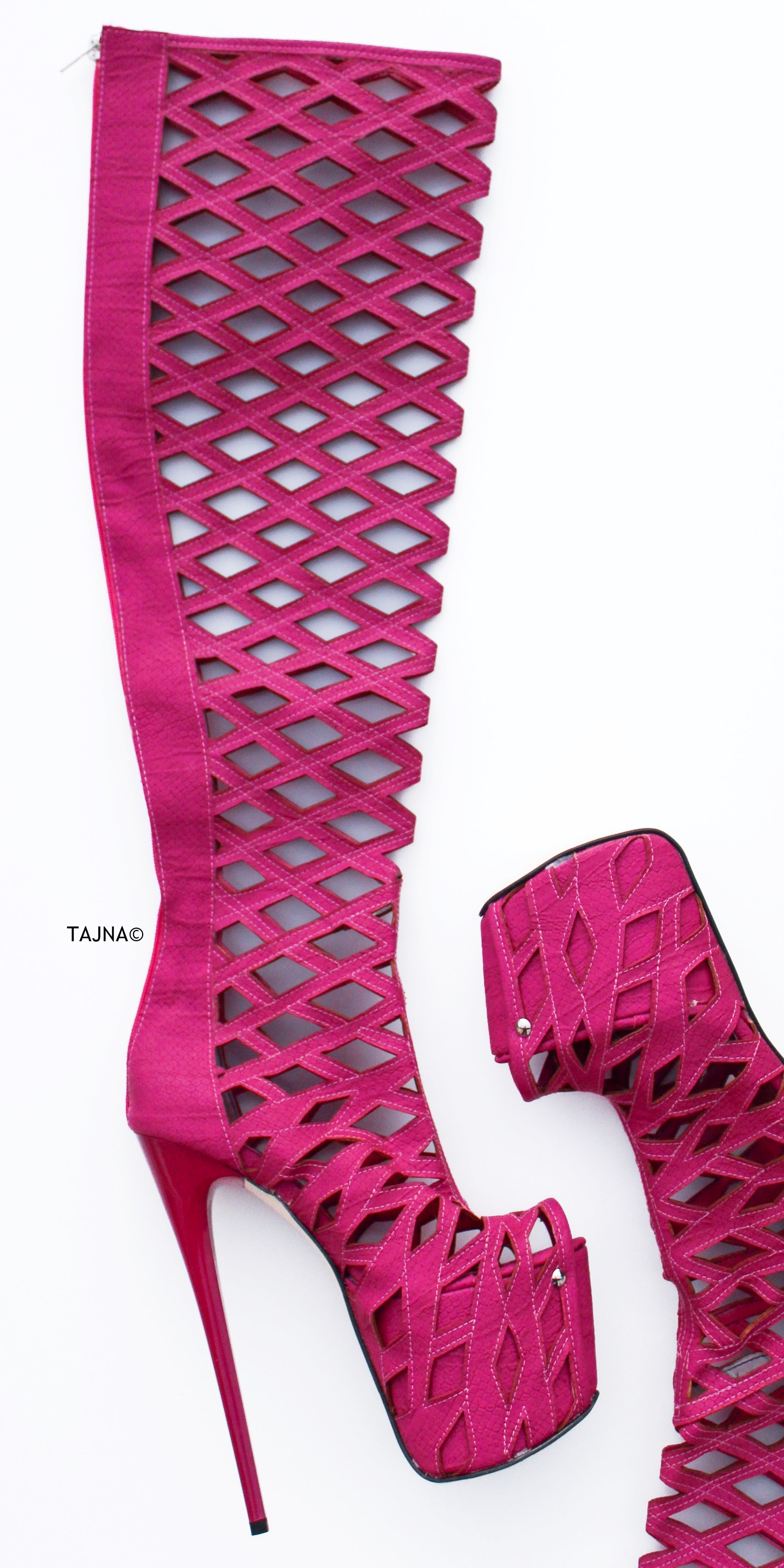 Pink Laser Cut Over-the-Knee Boots