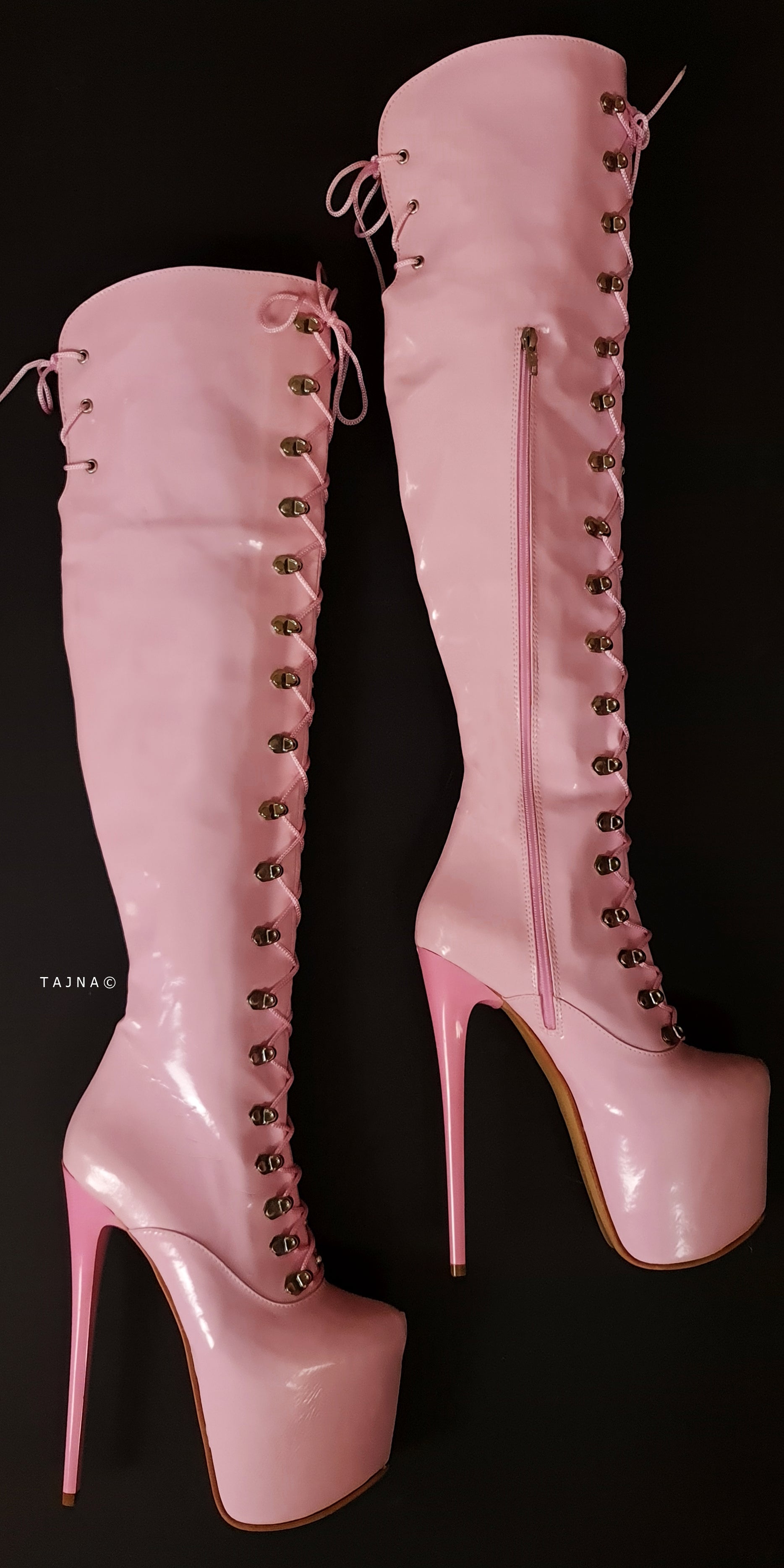 Pink Military Style Lace Up Heel Boots