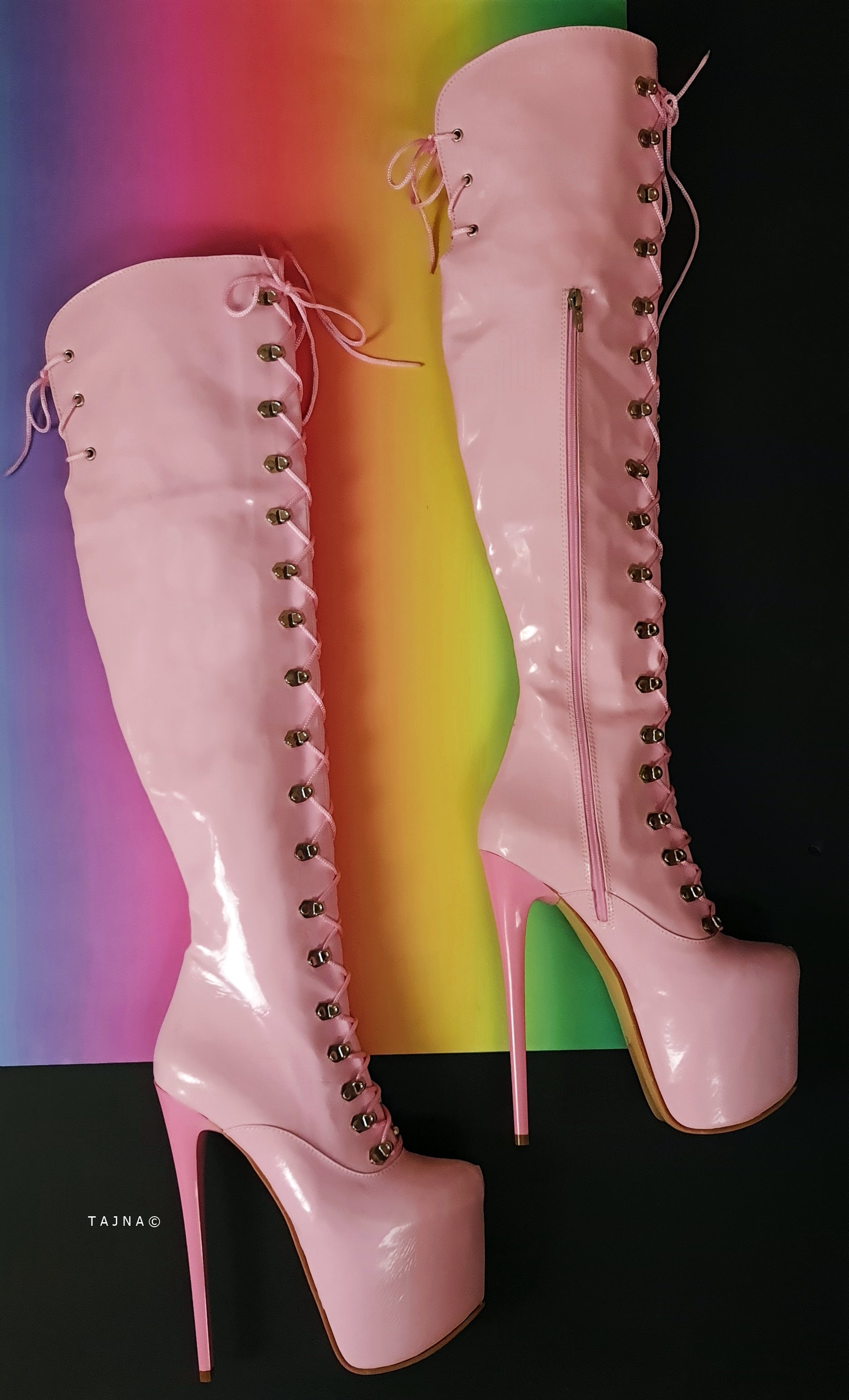 Pink Military Style Lace Up Heel Boots