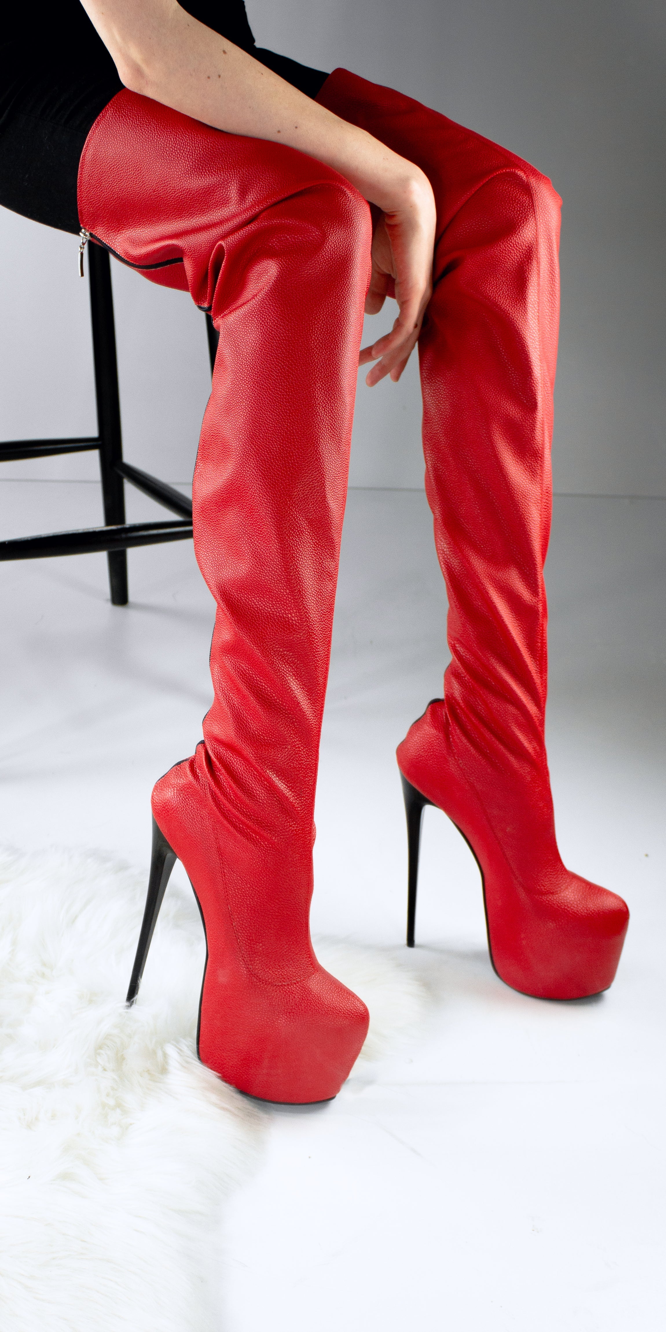 Red Back Zip Thigh High Boots