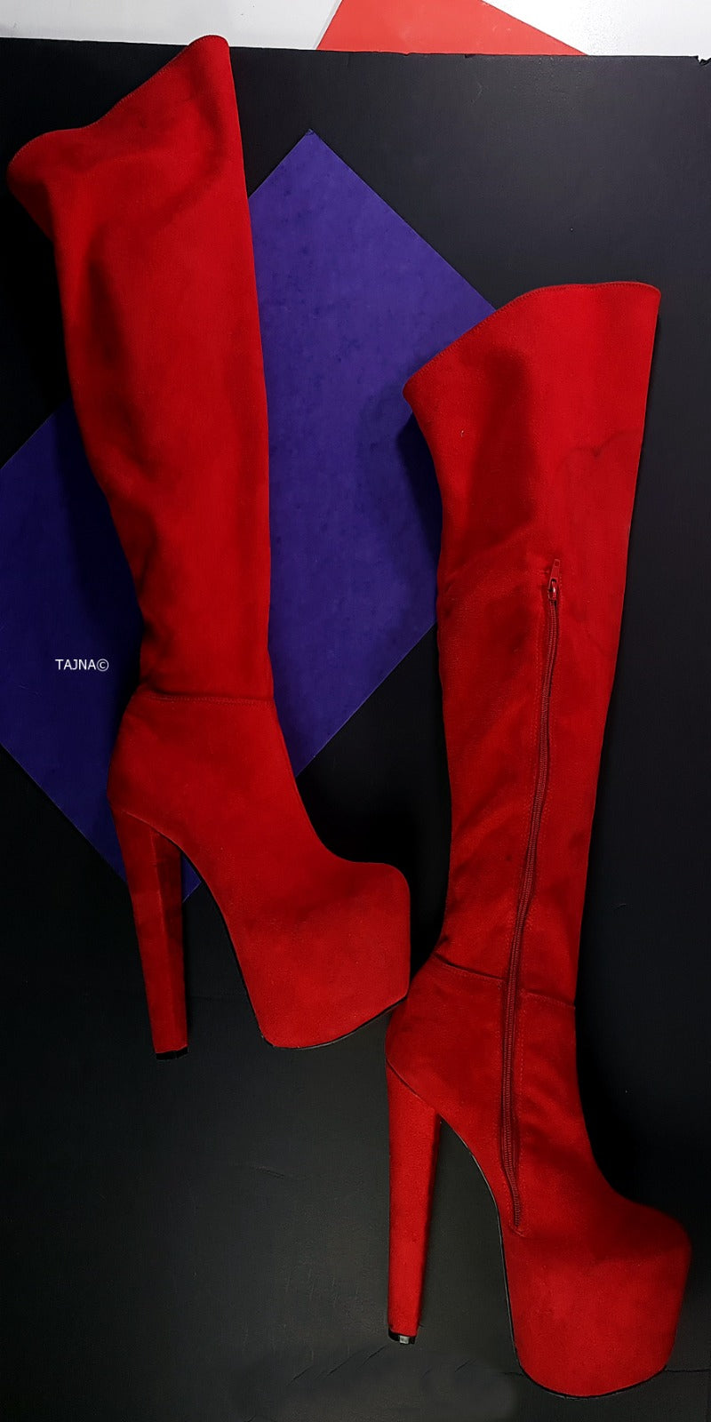 Red Chunky Heel Over the Knee High Boots Suede