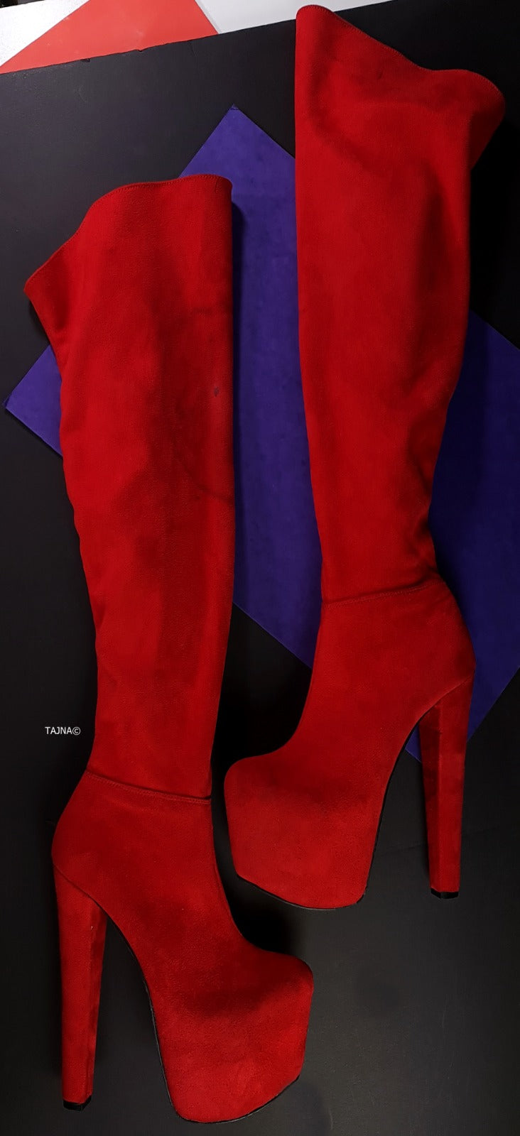 Red Chunky Heel Over the Knee High Boots Suede