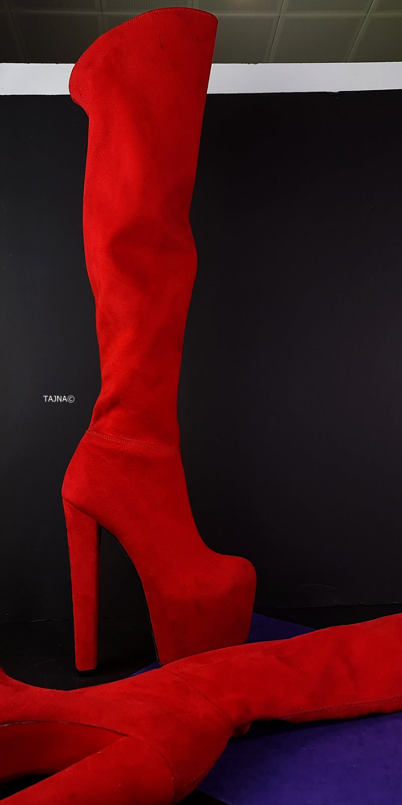 Red Chunky Heel Over the Knee High Boots Suede