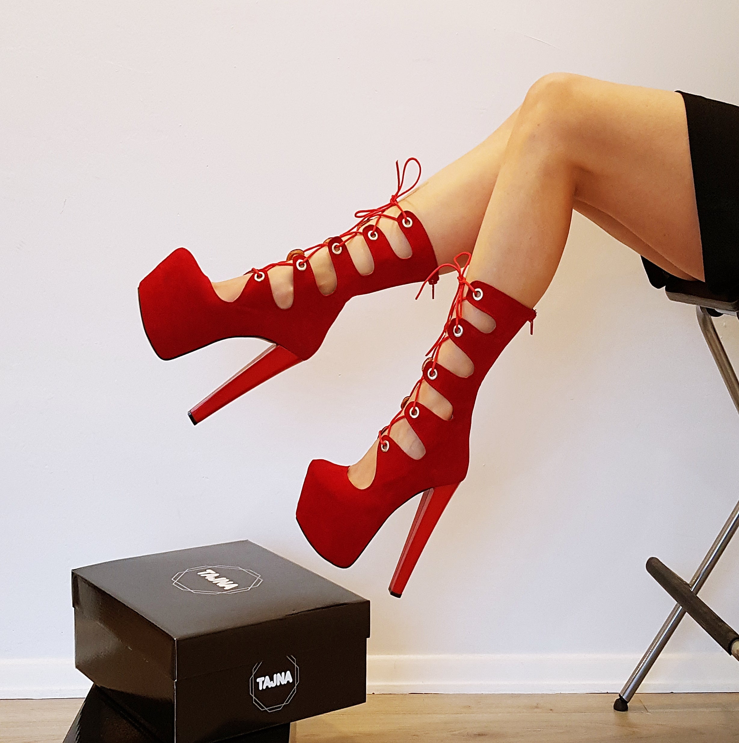 Red Gladiator Boots with Chunky Heel and Lace-Up Design