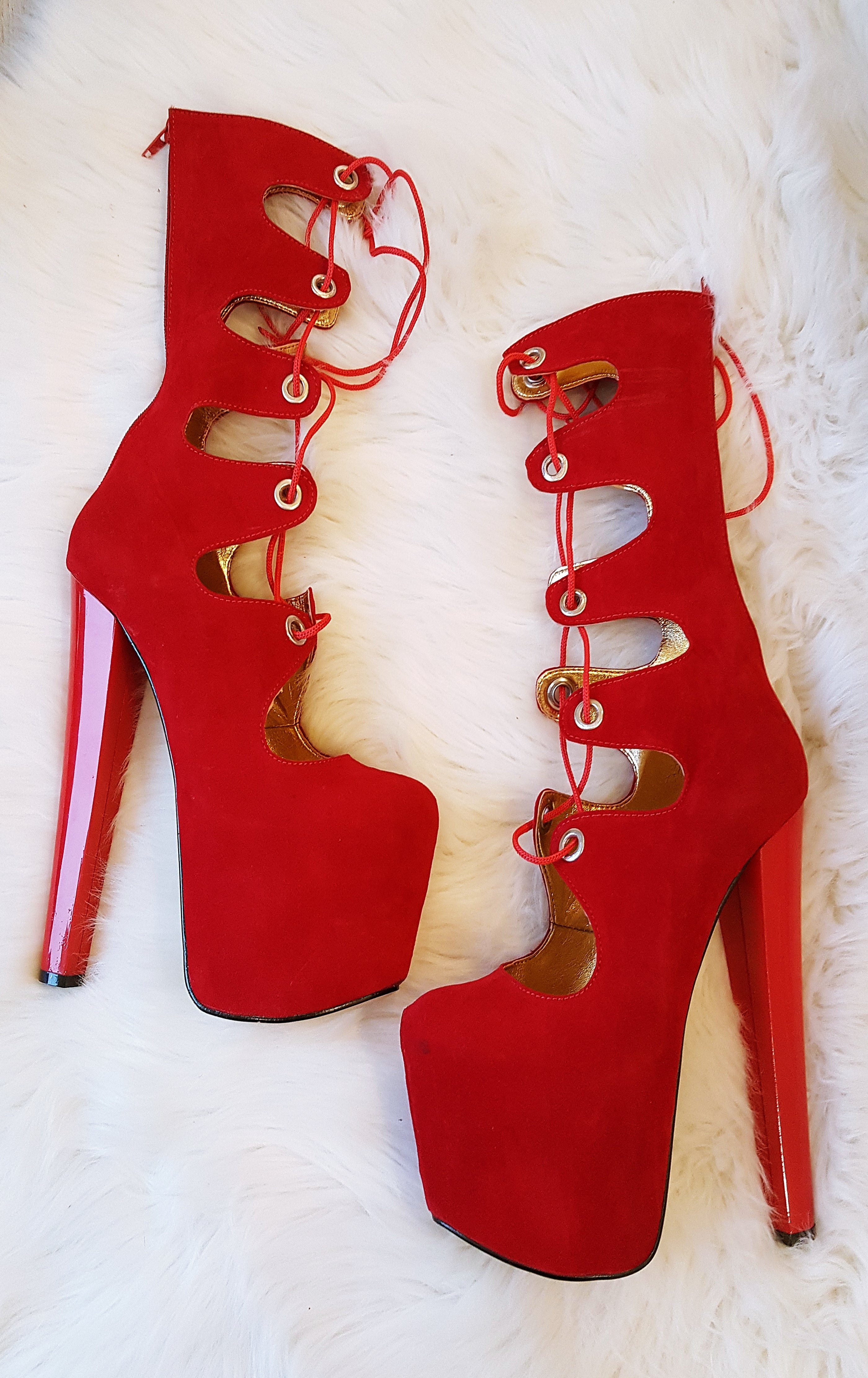 Red Gladiator Boots with Chunky Heel and Lace-Up Design