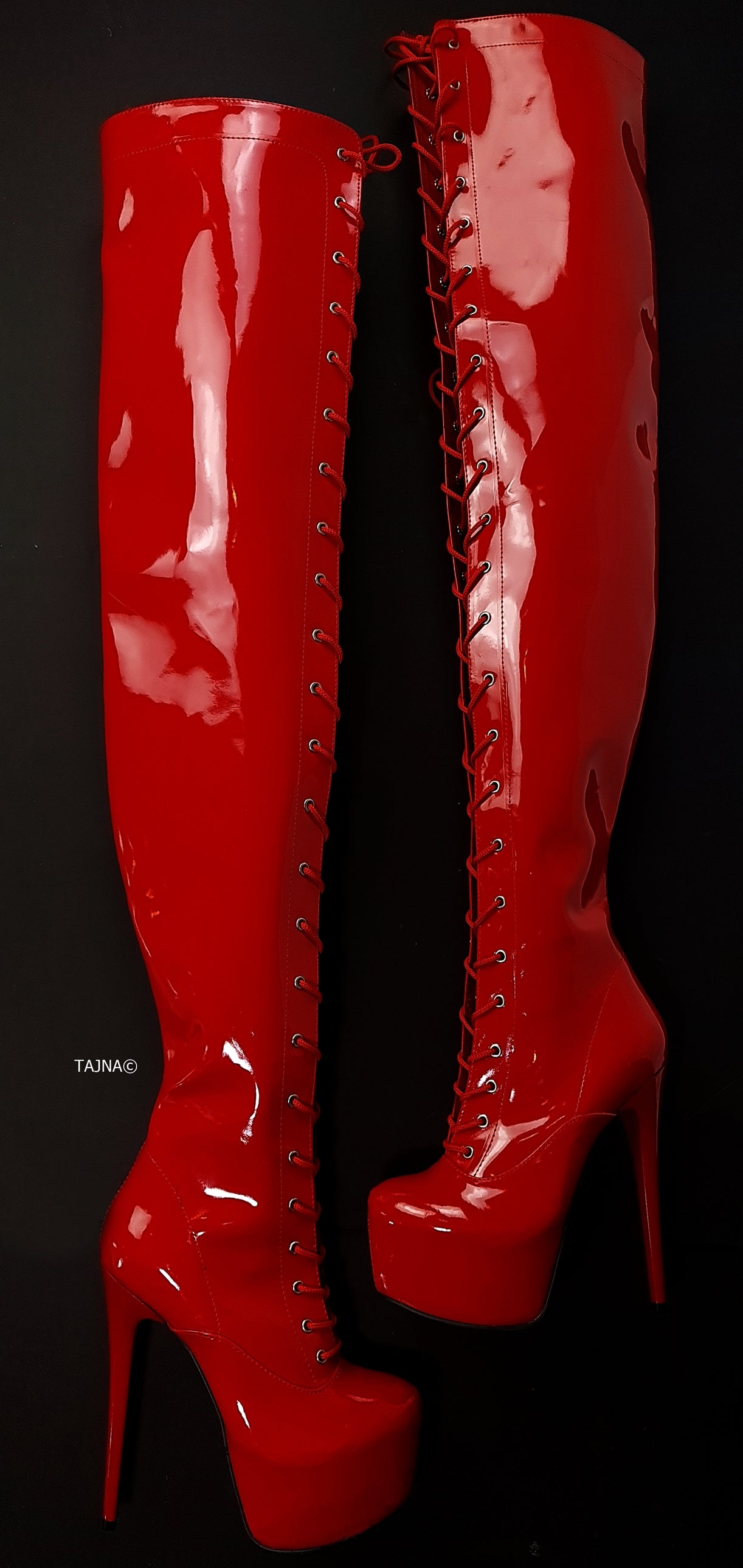 Red Gloss Thigh High Lace-up Gladiator Boots