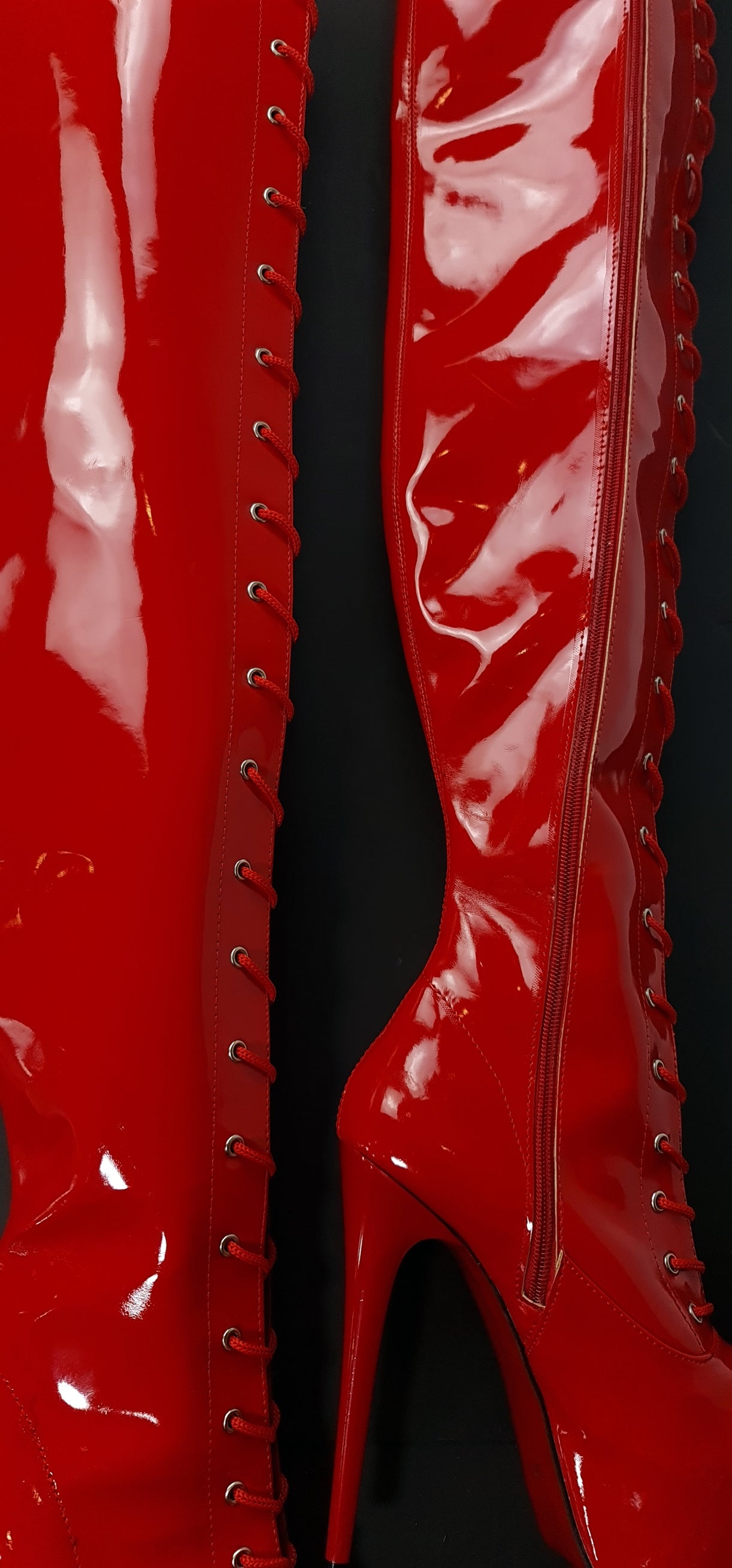 Red Gloss Thigh High Lace-up Gladiator Boots