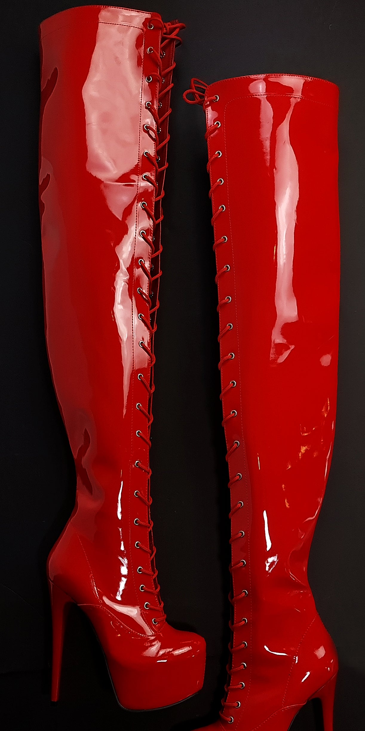 Red Gloss Thigh High Lace-up Gladiator Boots