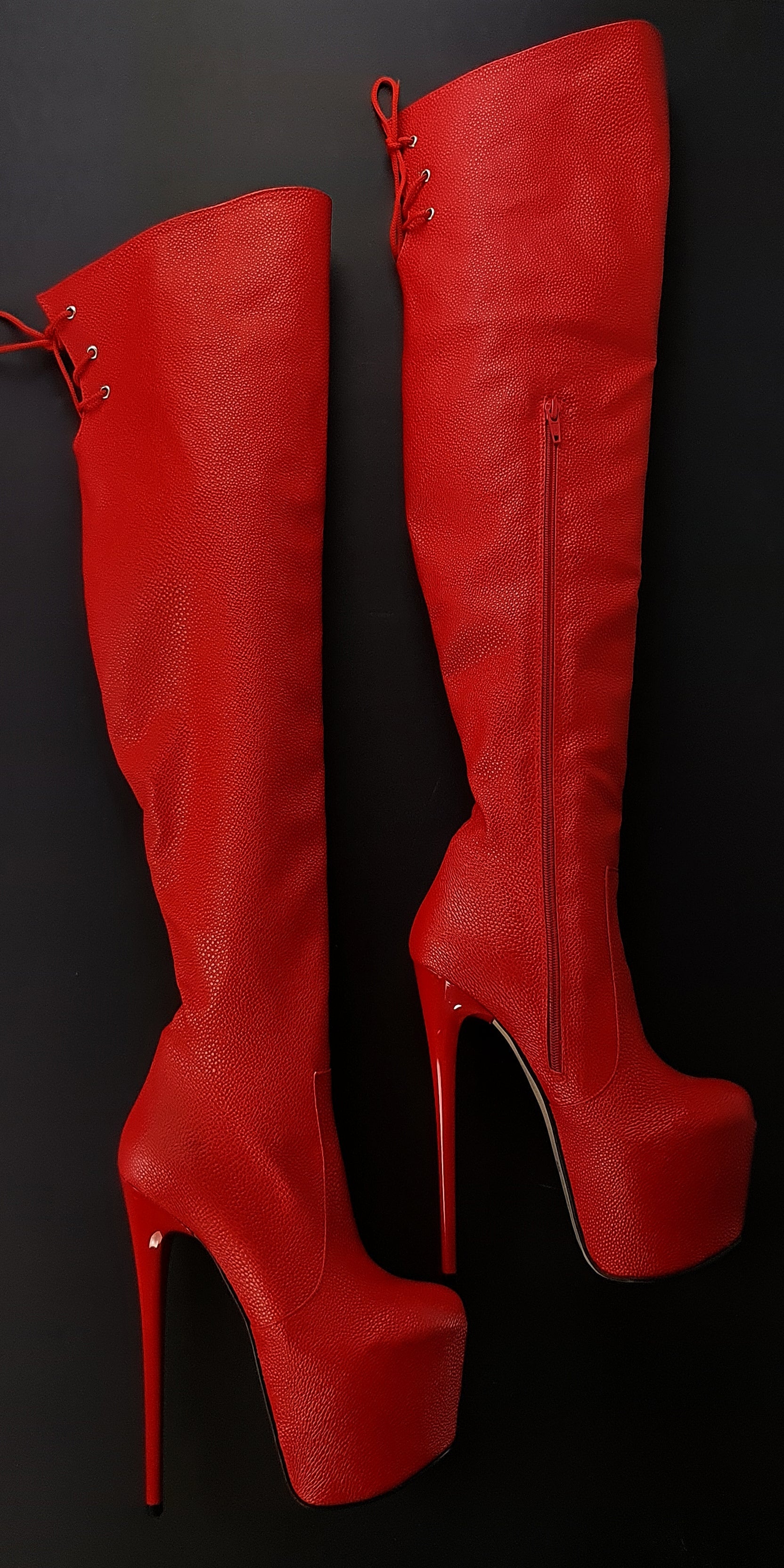 Red High Heel Thigh Boots with Back Lace