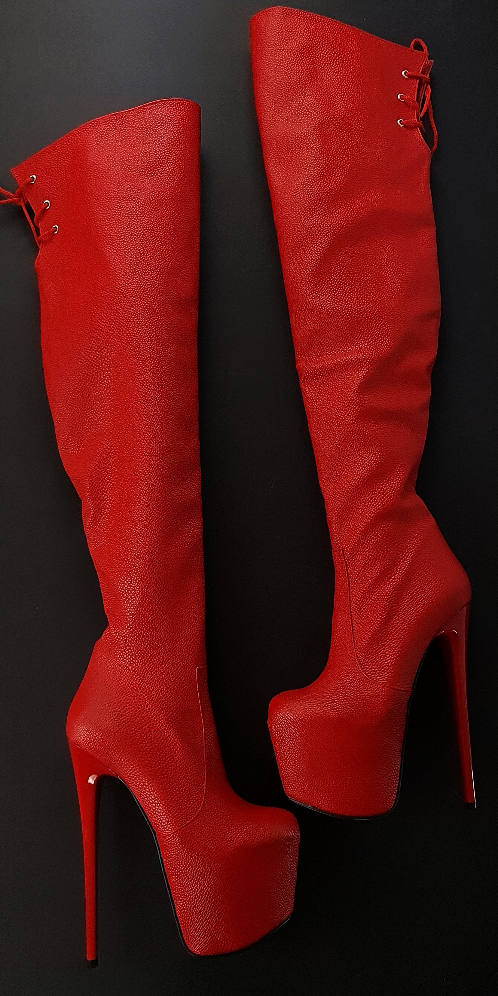 Red High Heel Thigh Boots with Back Lace