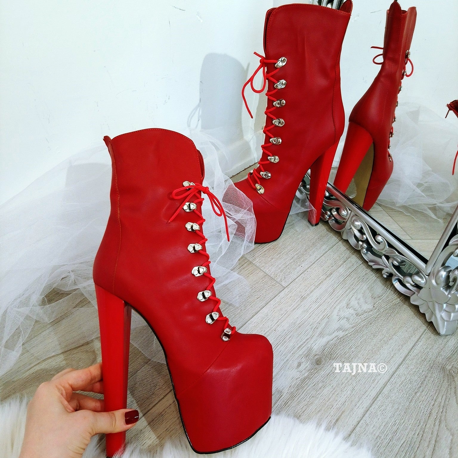 Red Military Lace Up Platform Boots