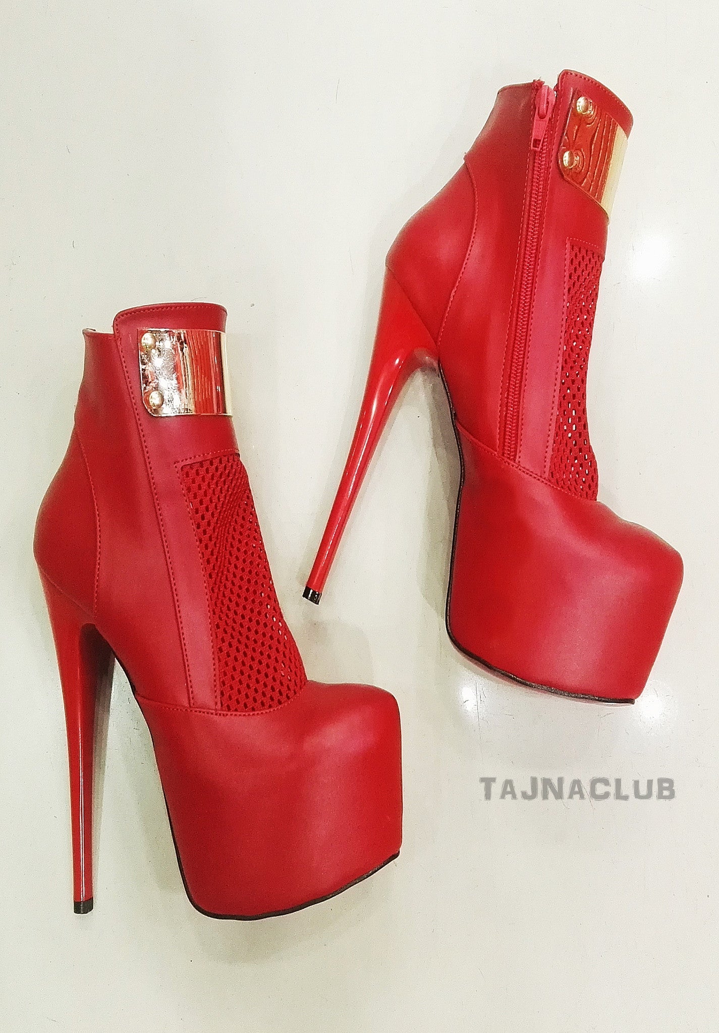 Red platform high heel shoes with side zipper boots