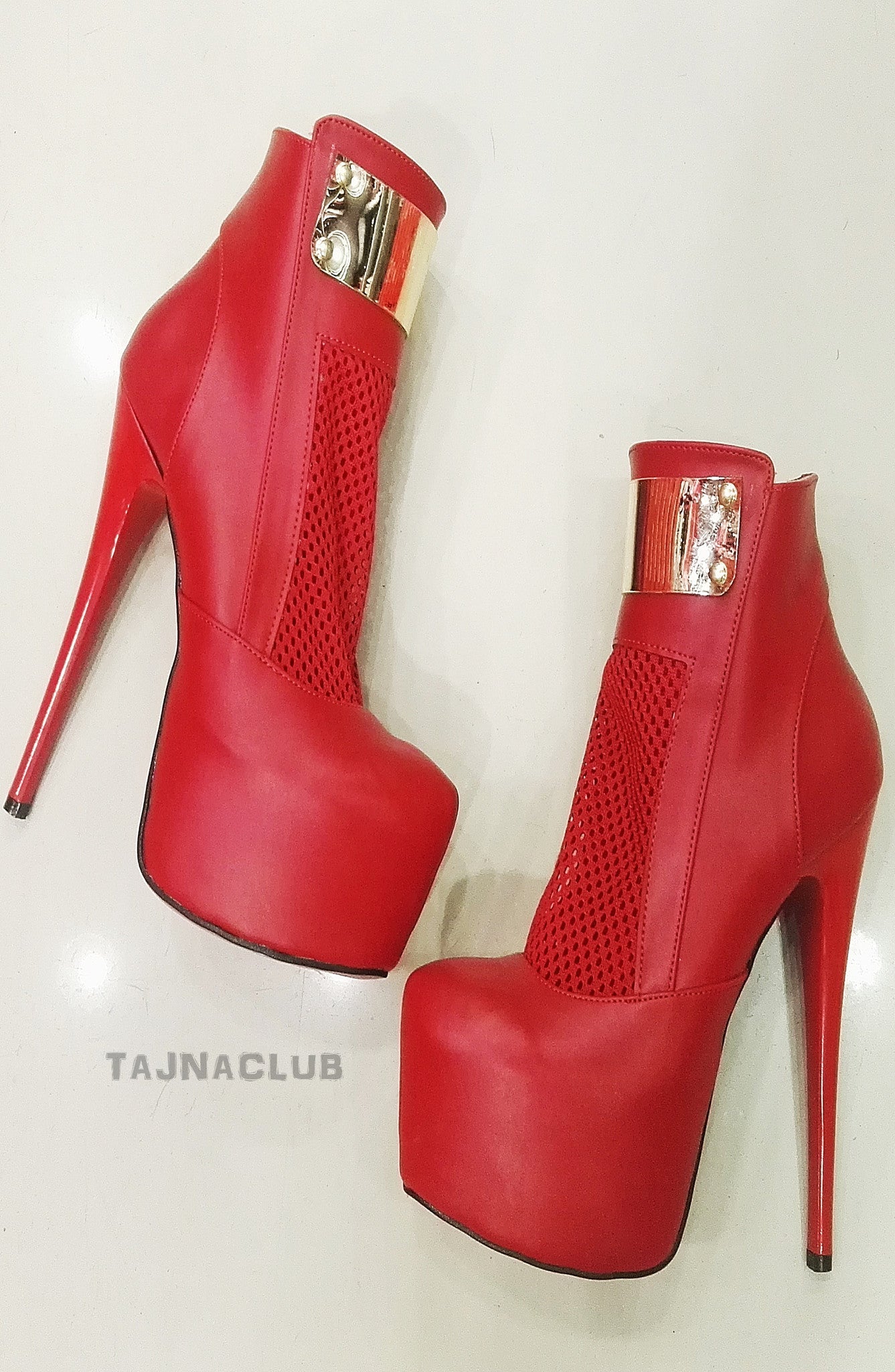 Red platform high heel shoes with side zipper boots