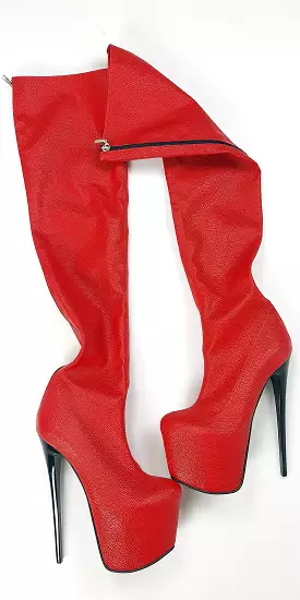 Red Zipper High Heel Thigh High Boots