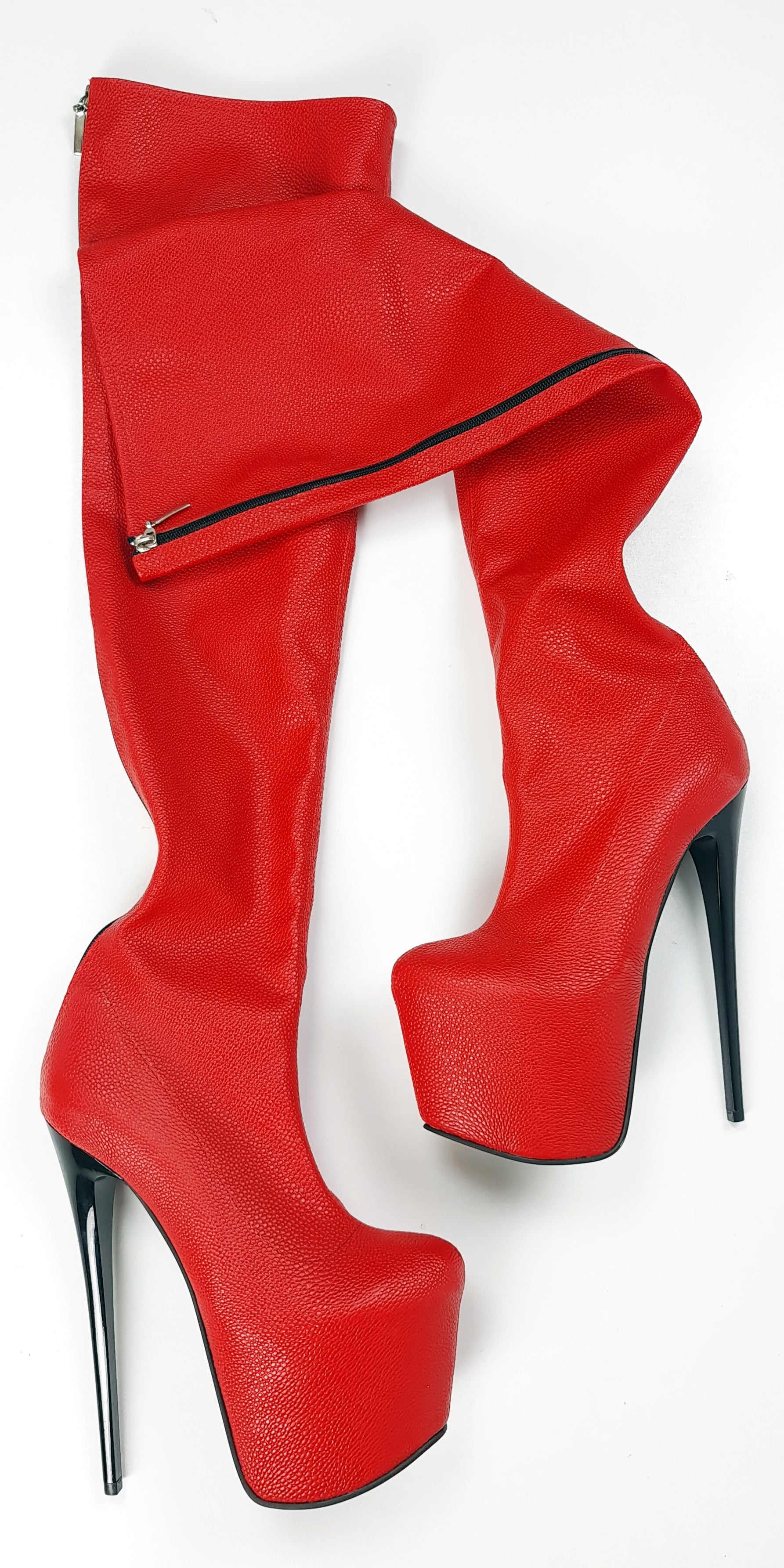 Red Zipper High Heel Thigh High Boots