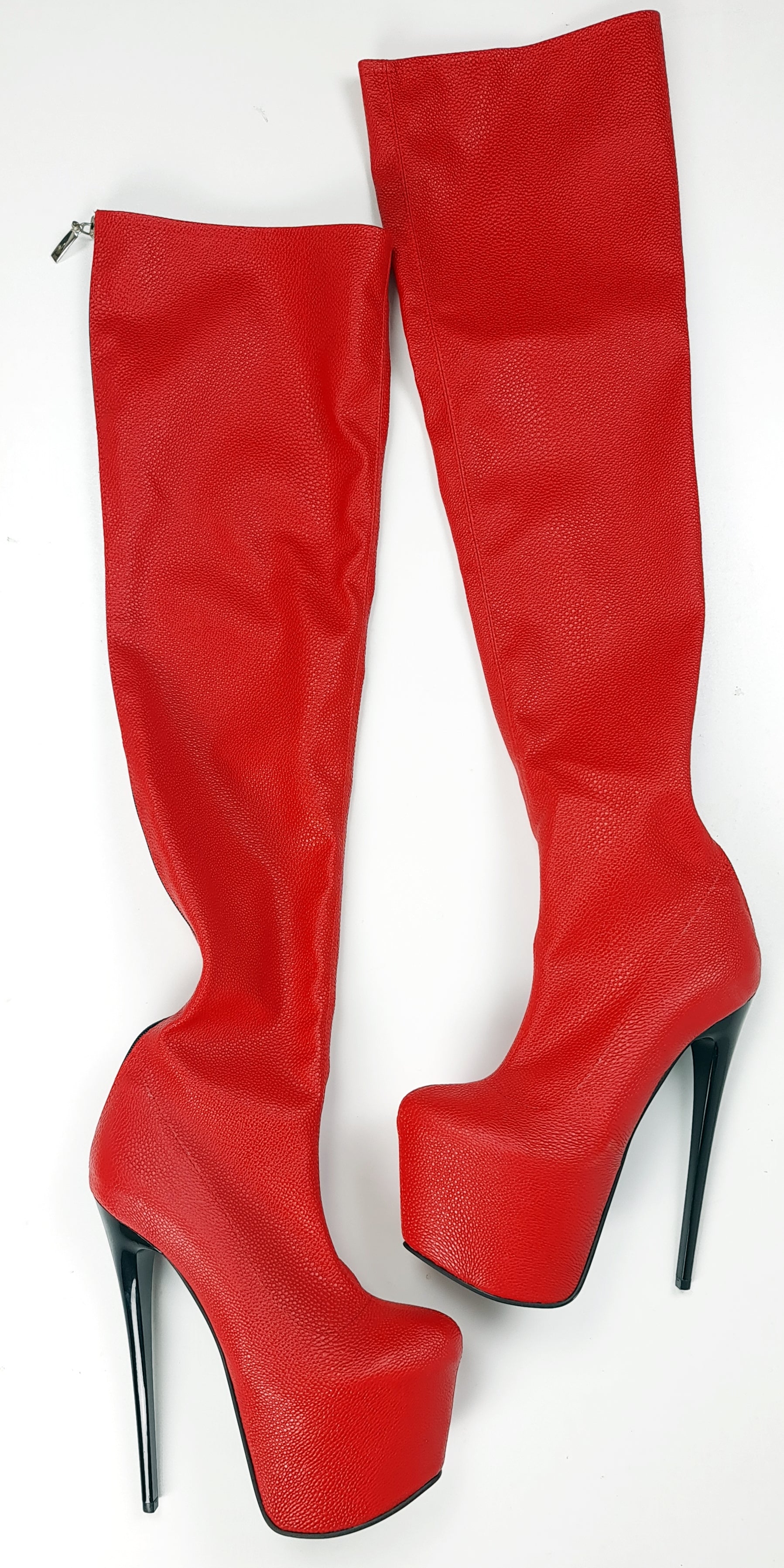 Red Zipper High Heel Thigh High Boots