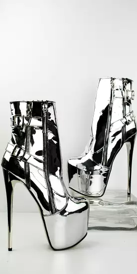 Silver mirror platform boots with belted ankles