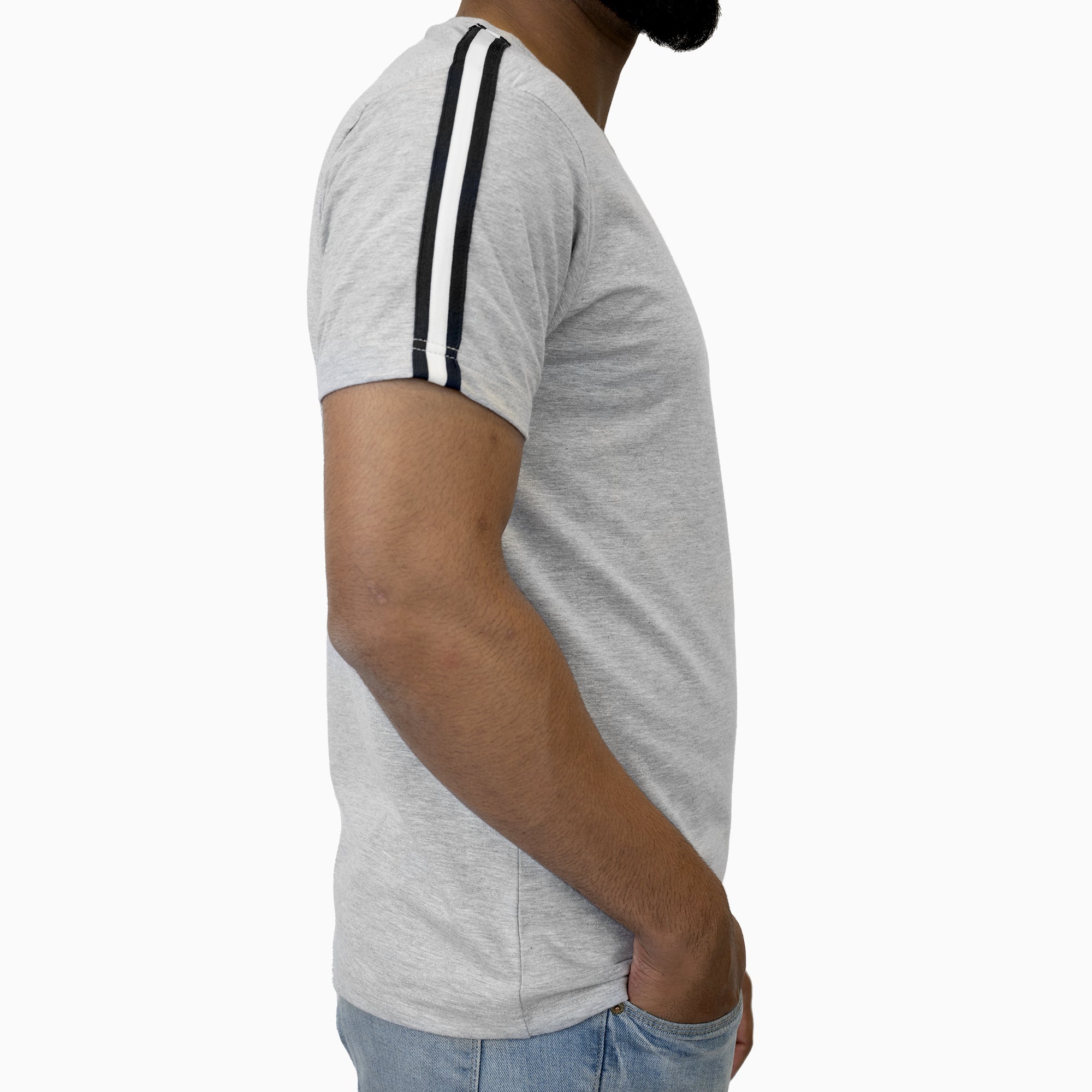 Striped Sleeves Grey V-Neck shirt