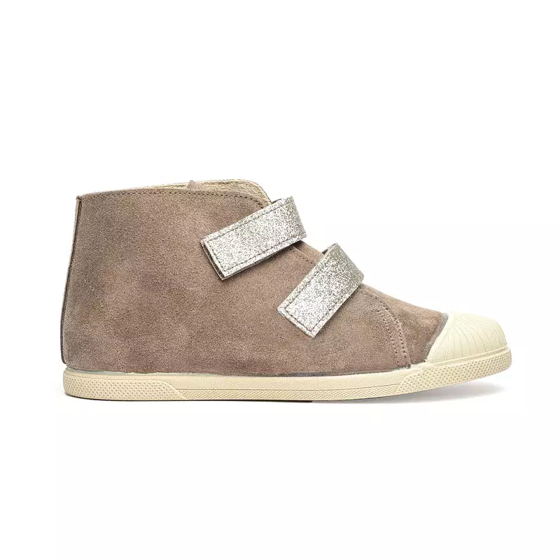 Suede Sneaker in Taupe with Glitter Straps