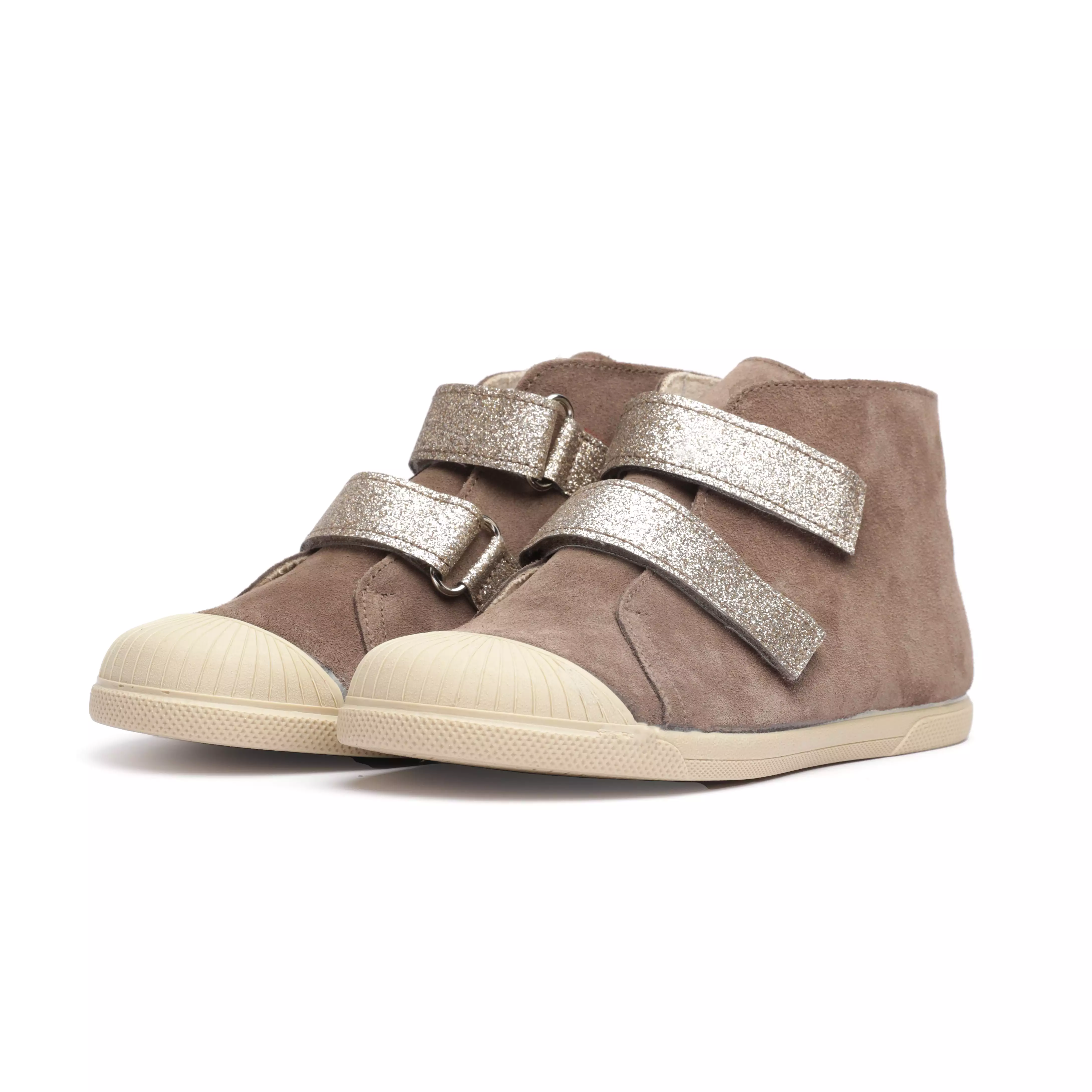 Suede Sneaker in Taupe with Glitter Straps