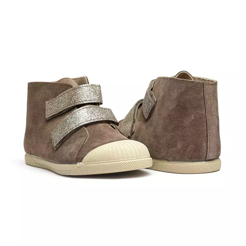 Suede Sneaker in Taupe with Glitter Straps