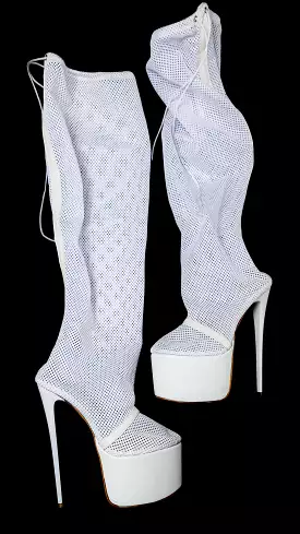 White Fishnet Shaft Long Platform Boots