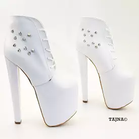 White High Heel Platform Booties with Lace-Up and Pinned Ankle