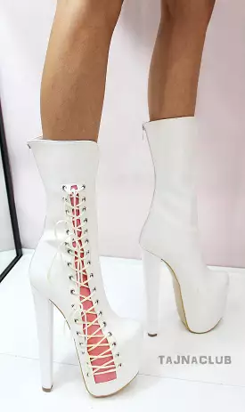 White lace up mid calf boots for ballerinas