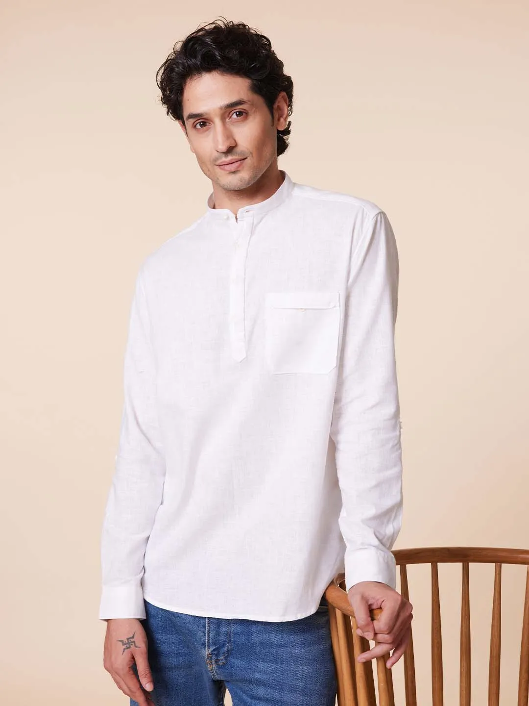 White Mandarin Kurta Style Shirt with Patch Pocket - Root In.