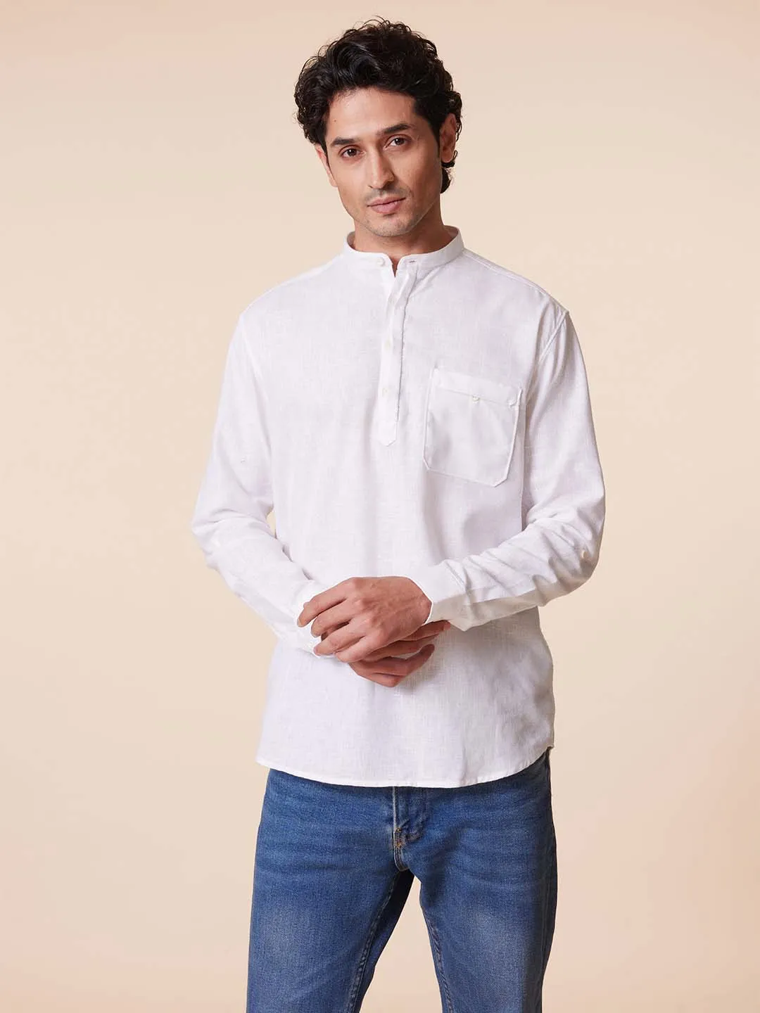 White Mandarin Kurta Style Shirt with Patch Pocket - Root In.