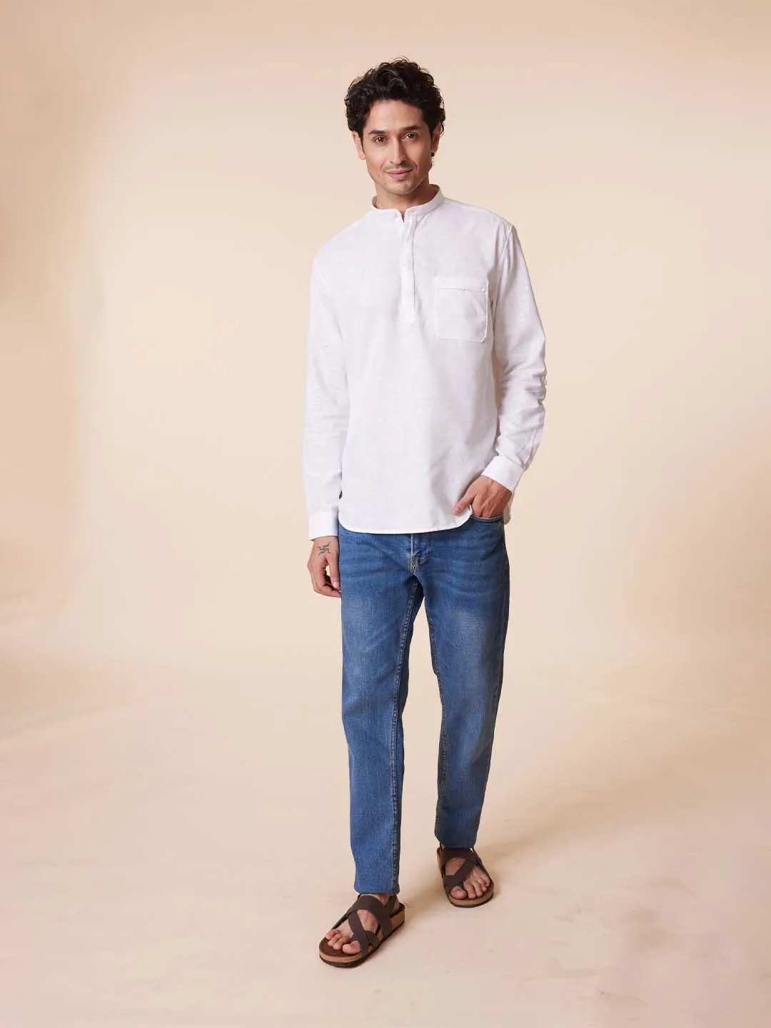 White Mandarin Kurta Style Shirt with Patch Pocket - Root In.