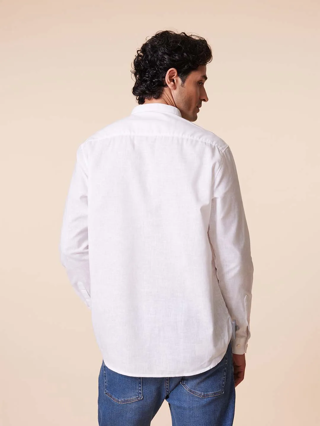 White Mandarin Kurta Style Shirt with Patch Pocket - Root In.