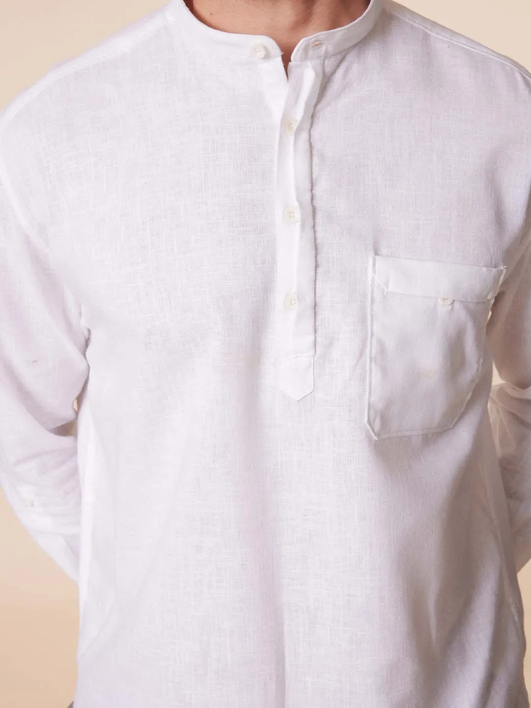 White Mandarin Kurta Style Shirt with Patch Pocket - Root In.