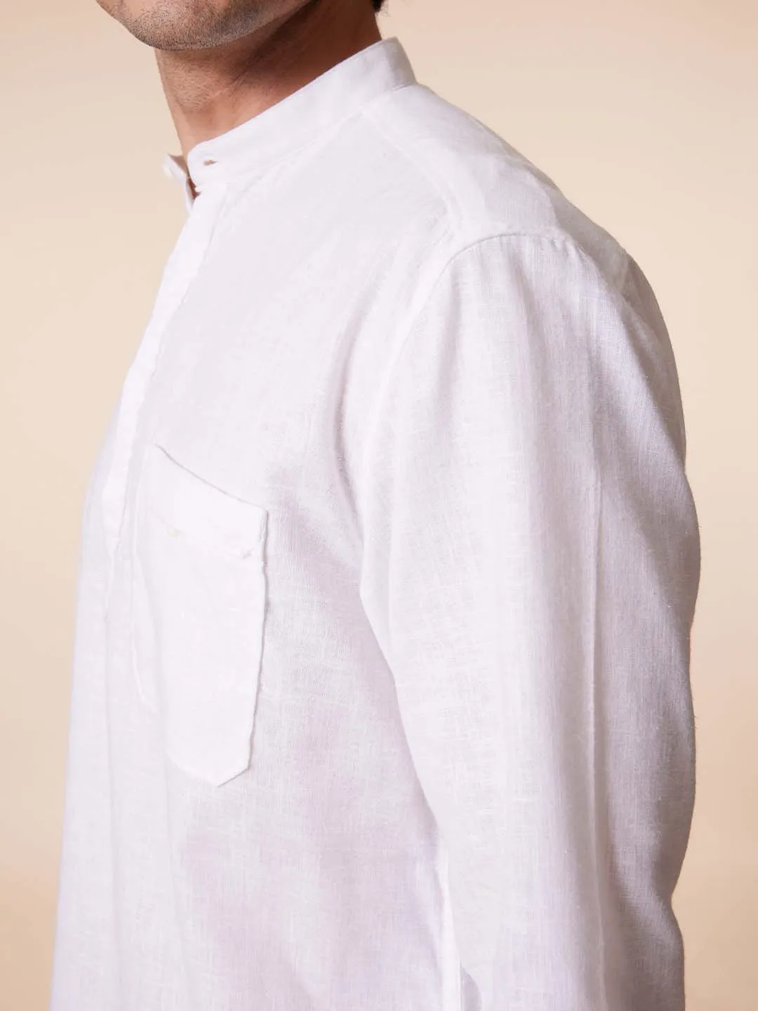 White Mandarin Kurta Style Shirt with Patch Pocket - Root In.