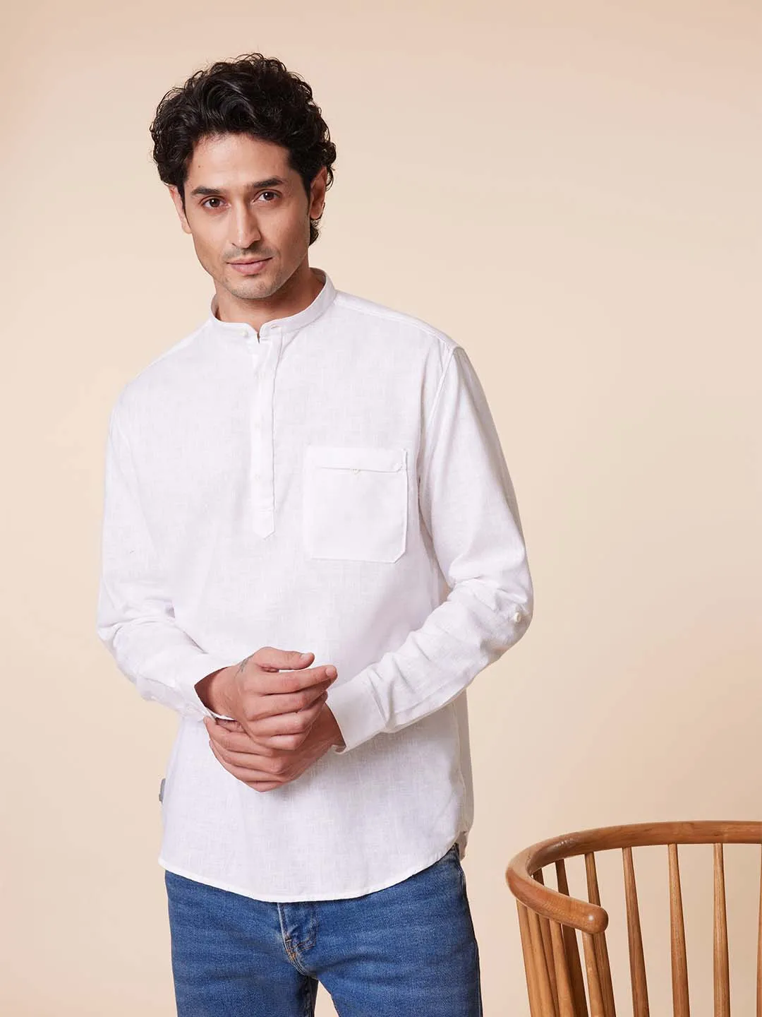 White Mandarin Kurta Style Shirt with Patch Pocket - Root In.