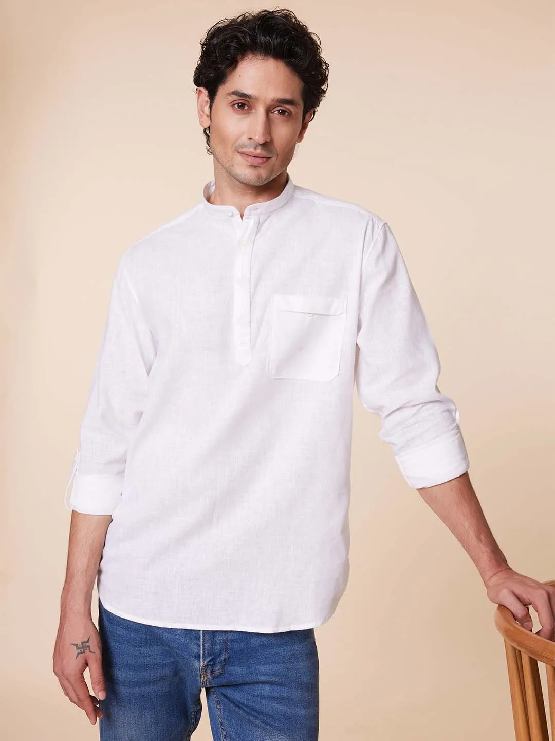 White Mandarin Kurta Style Shirt with Patch Pocket - Root In.