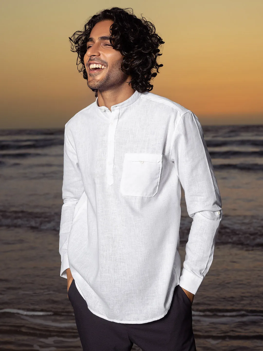 White Mandarin Kurta Style Shirt with Patch Pocket - Root In.