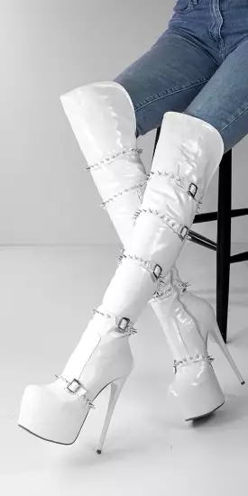 White Spiked Knee High Boots