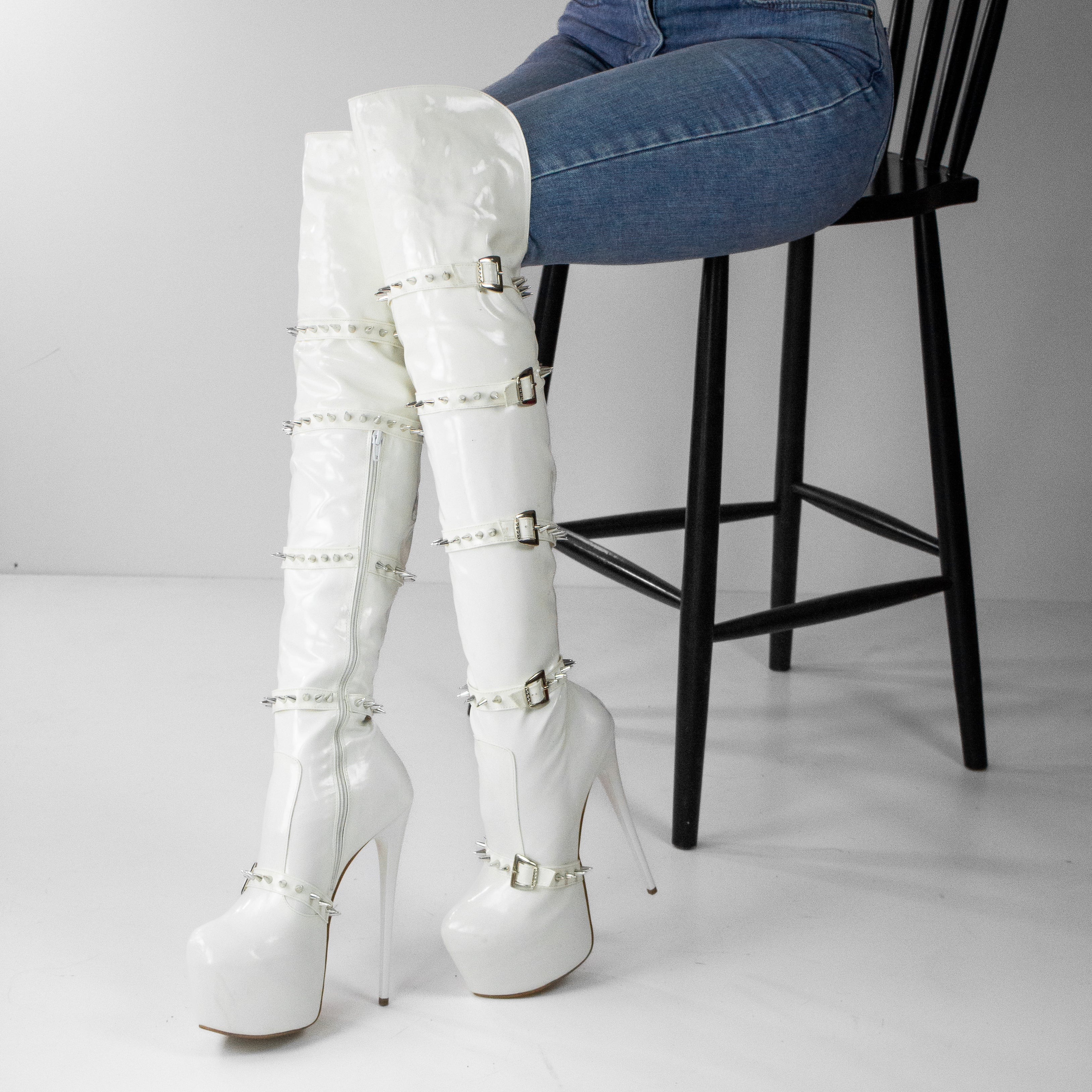 White Spiked Knee High Boots