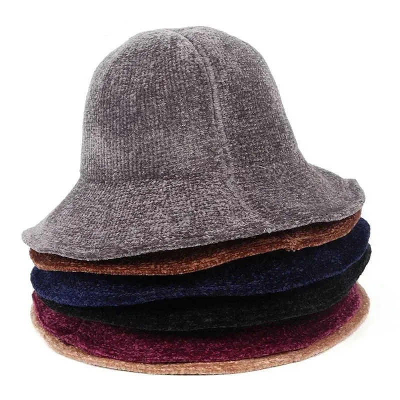 Women's Winter Korean Vintage Style Foldable Wide Birm Warm Fur Bucket Cap