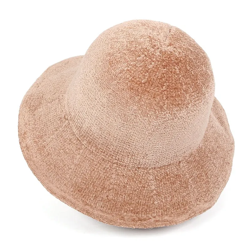 Women's Winter Korean Vintage Style Foldable Wide Birm Warm Fur Bucket Cap