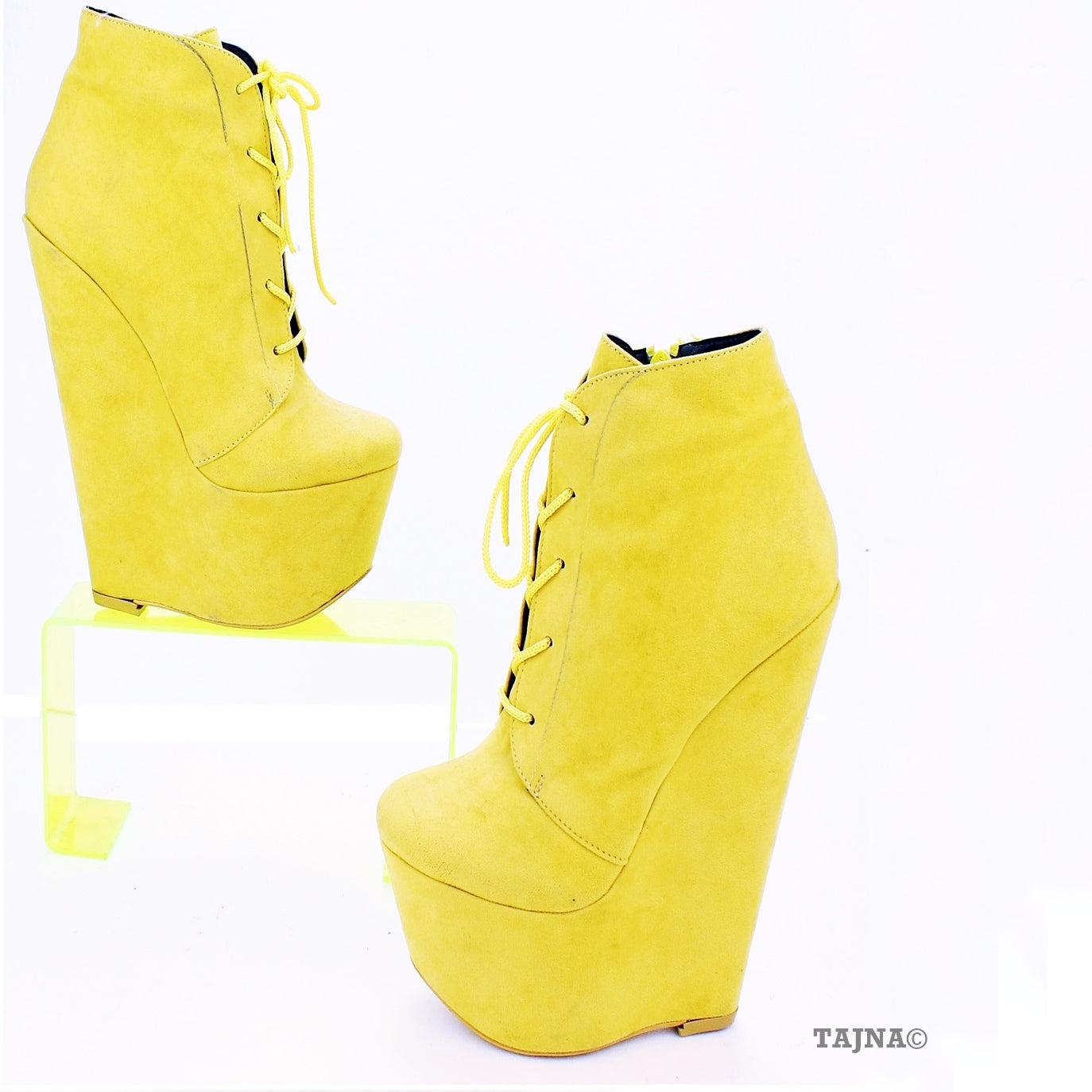 Yellow Faux Suede Lace Up Wedge Booties 16 cm Heel Ankle